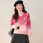 Fashionable Gradient Red Knit Sweater for Women,Sparkle Detail, Elegant Mature Style, Thick Base Layer Top