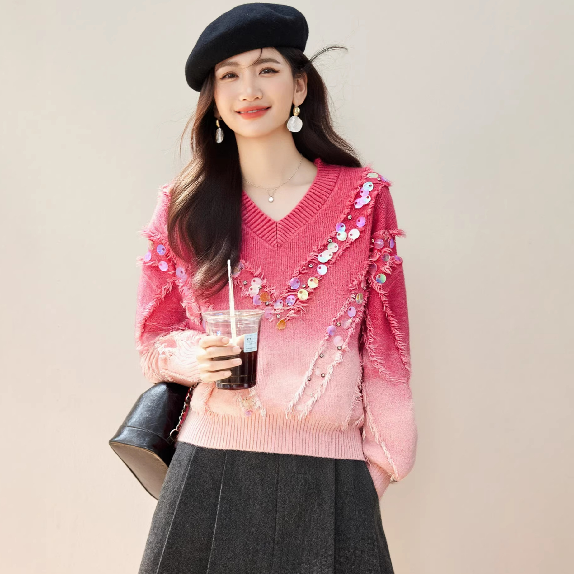 573748423 Fashionable Gradient Red Knit Sweater for Women,Sparkle Detail, Elegant Mature Style, Thick Base Layer Top - Image 1