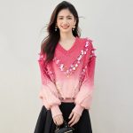 Fashionable Gradient Red Knit Sweater for Women,Sparkle Detail, Elegant Mature Style, Thick Base Layer Top - Image 2