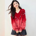 Fashionable Gradient Red Knit Sweater for Women,Sparkle Detail, Elegant Mature Style, Thick Base Layer Top - Image 3