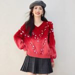 Fashionable Gradient Red Knit Sweater for Women,Sparkle Detail, Elegant Mature Style, Thick Base Layer Top - Image 4