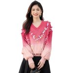 Fashionable Gradient Red Knit Sweater for Women,Sparkle Detail, Elegant Mature Style, Thick Base Layer Top - Image 5